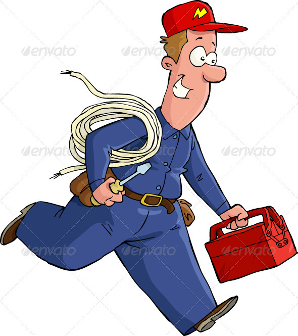 Electrician Runs With The Tools  Isolated Object  No Transparency And    