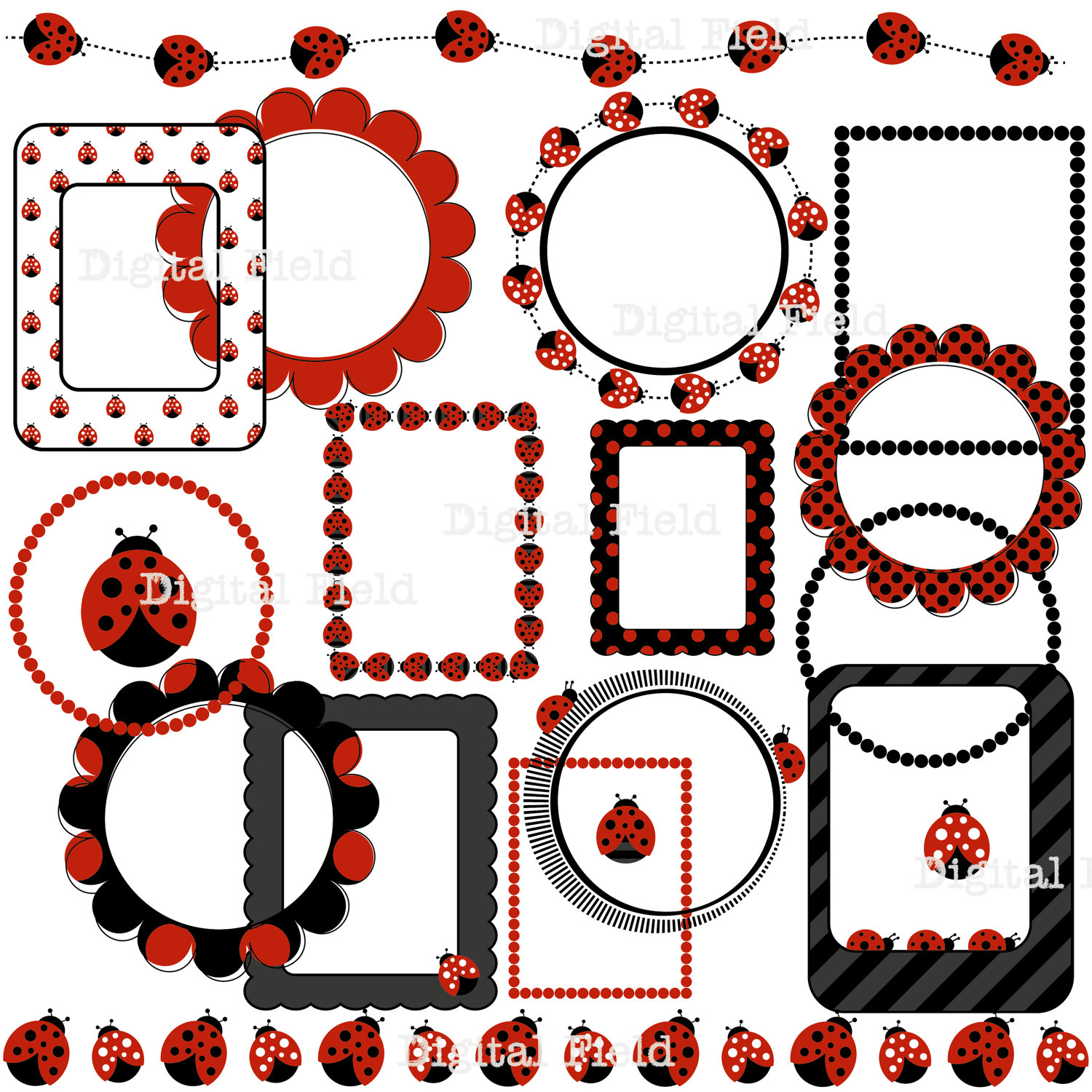 Ladybug Clip Art Set Digital Frames Borders By Digitalfield
