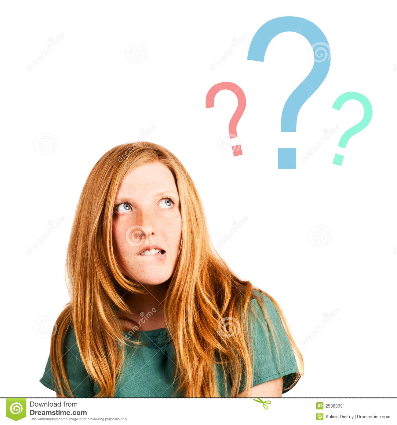 Thinking Red Haired Girl Isolated On A White Looking At Questions