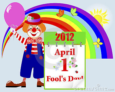 April Fools Day  Cute Clown In A Hat With A Calendar Against Rainbow