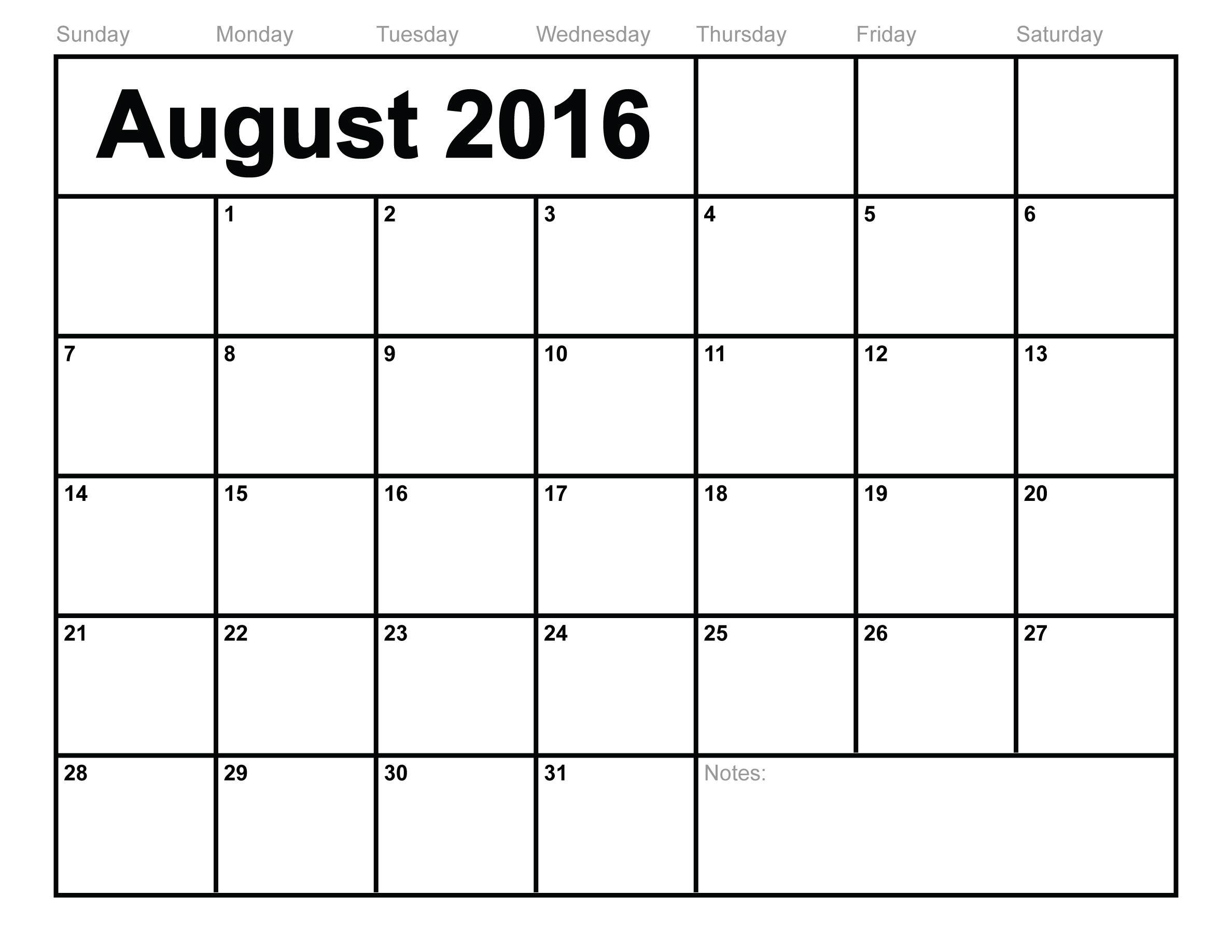 August 2016 Calendar Printable Monthly Blank Calendar 2015 Template