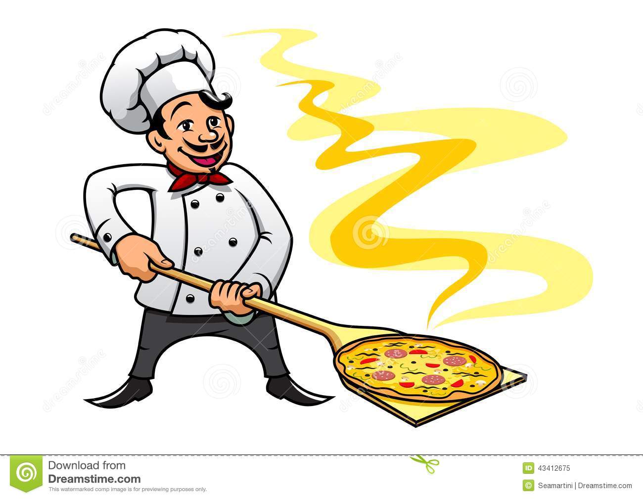 Cartoon Style Smiling Happy Baker Chef Cooking Pizza Suitable For