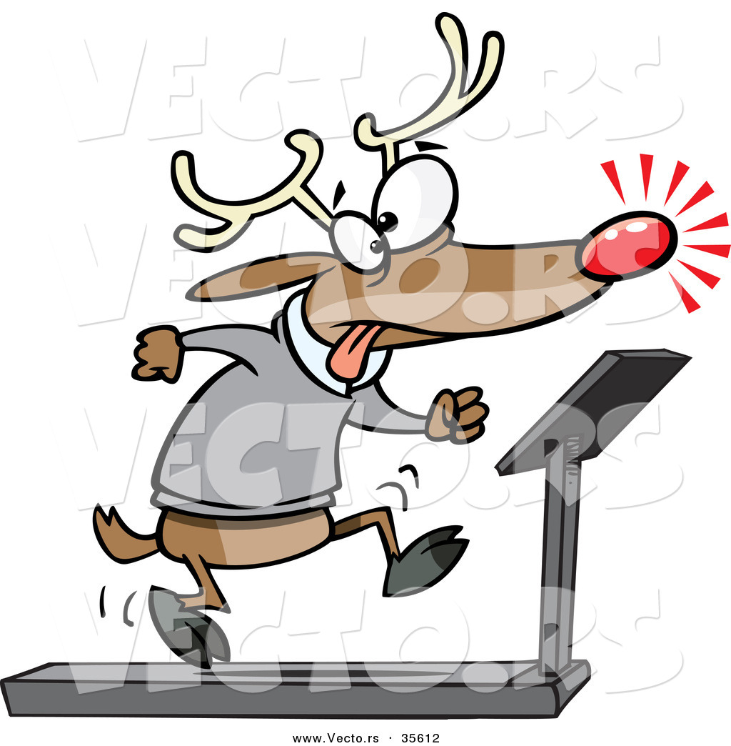 Cartoon Vector Of A Tired Christmas Reindeer Running On Treadmill
