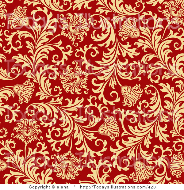 Clipart Of A Red Background With A Seamless Elegant Gold Floral Design