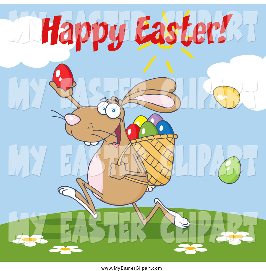 Easter Greeting Over A Bunny Participating In An Easter Egg Hunt By