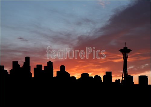 Illustration Of Seattle Skyline At Sunset    Seattle Skyline With