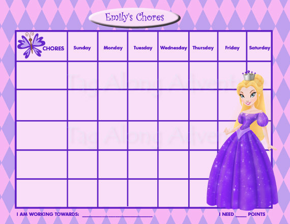 Printable Personalized Kids Chore Chart   Princess   Purple Princess