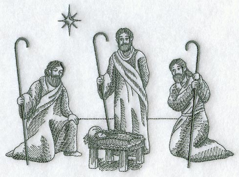 Shepherds Kneel Before The Baby Jesus In This Toile Nativity Scene