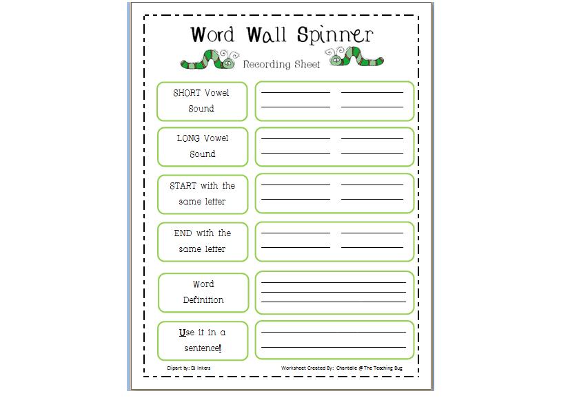 The Teaching Bug  Word Wall Spinner Recording Sheet