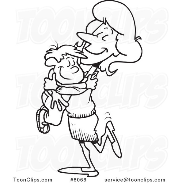 Cartoon Black And White Line Drawing Of A Mom Hugging Her Son  6066 By