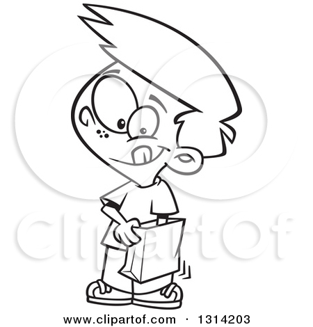 Clipart Of A Black And White Cartoon Boy Reaching Into A Grab Bag    