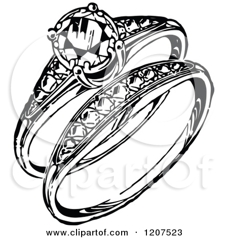 Clipart Of A Vintage Black And White Engagement Ring And Band    