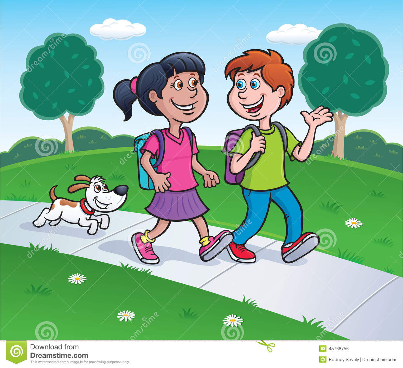     Boy Walking From School With Backpacks On While Talking While A Dog