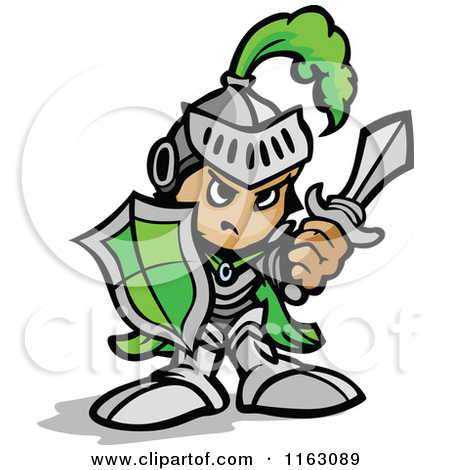 Cartoon Of A Tough Knight In Green Holding Up A Shield And A Sword