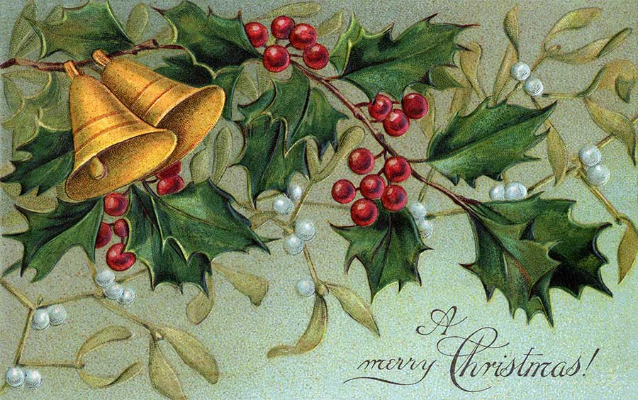 Christmas Bells Holly And Mistletoe   A Vintage Clip Art