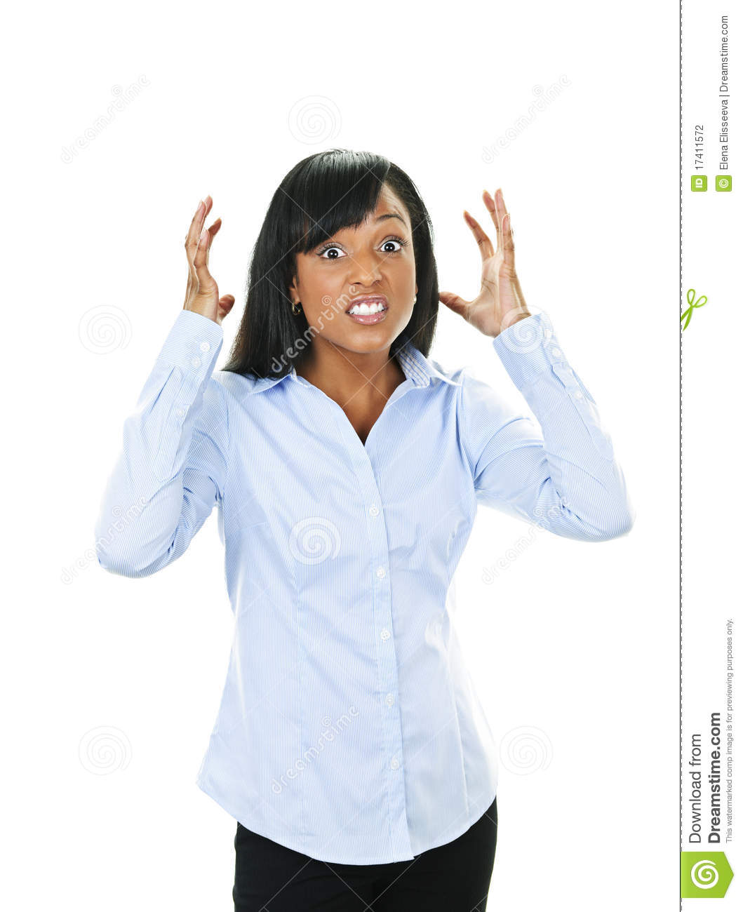 Frustrated Black Woman With Arms Raised Isolated On White Background