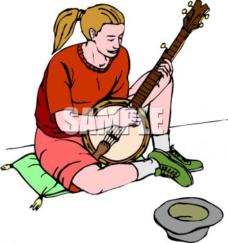 Girl Playing A Banjo For Money In A Hat   Royalty Free Clipart Picture