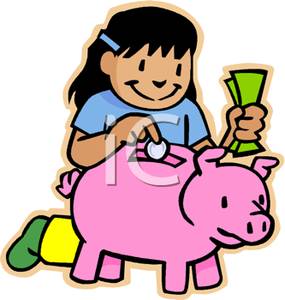 Girl Putting Money Into Her Piggy Bank   Clipart