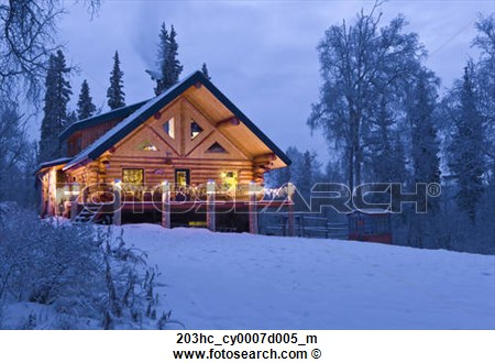 Log Cabin In The Woods Decorated With Christmas Lights At Twilight