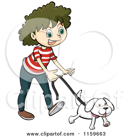 Of A Girl Walking Her Dog On A Sidewalk   Royalty Free Vector Clipart