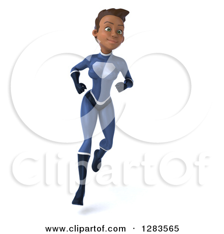 3d Young Black Female Super Hero In A Blue Suit Sprinting