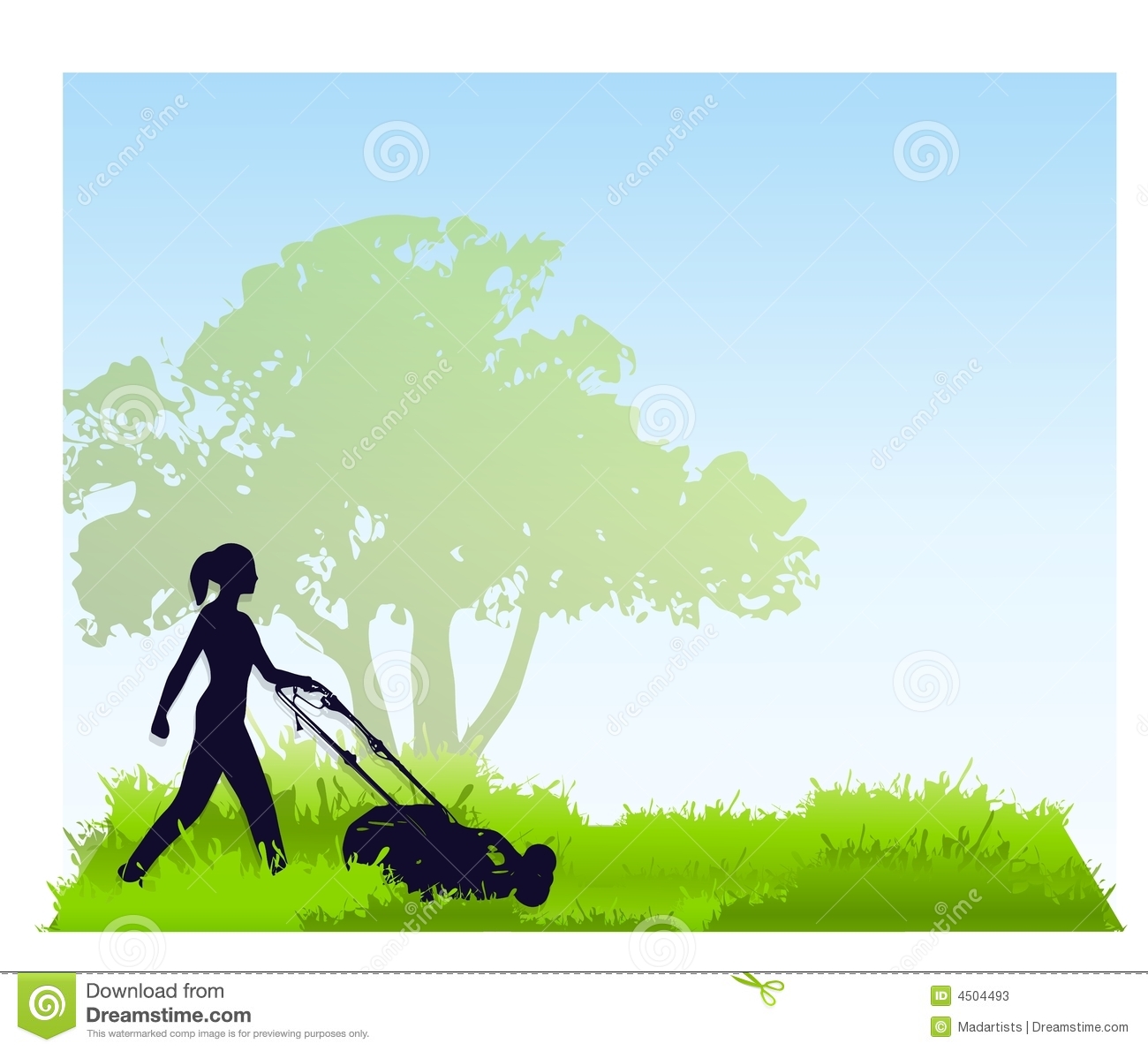 An Illustration Featuring A Woman Mowing The Lawn With Green Grass And