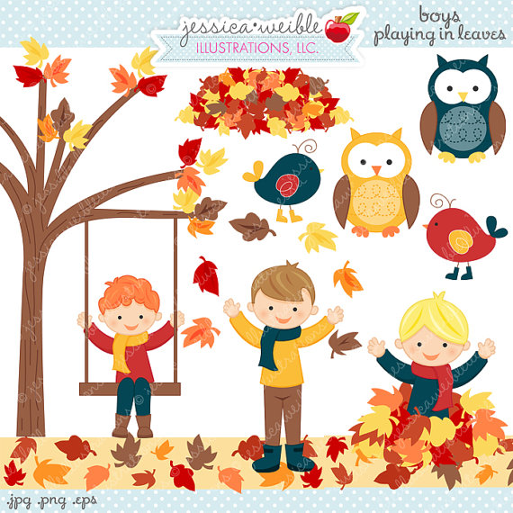 Boys Playing In Leaves Cute Digital Clipart   Commercial Use Ok    