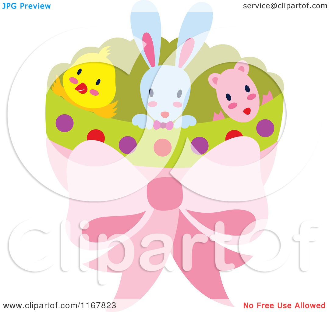 Cartoon Of A Halved Easter Egg Shell With Rabbit Chick And Lamb