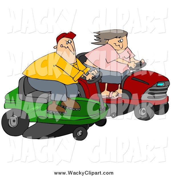 Clipart Of A Couple Racing Eachother On Riding Lawn Mowers By Djart