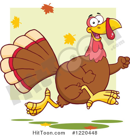 Clipart Of A Happy Thanksgiving Turkey Bird Running With Fall Leaves    