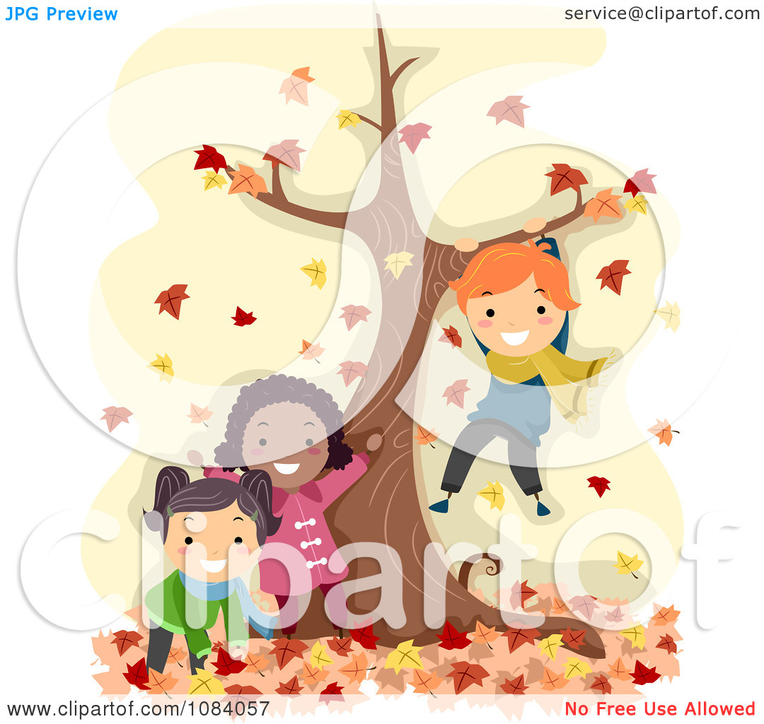 Clipart Stick Children Playing By A Tree In Autumn Leaves   Royalty