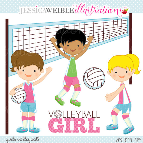 Girls Volleyball Cute Digital Clipart   Commercial Use Ok   Volleyball
