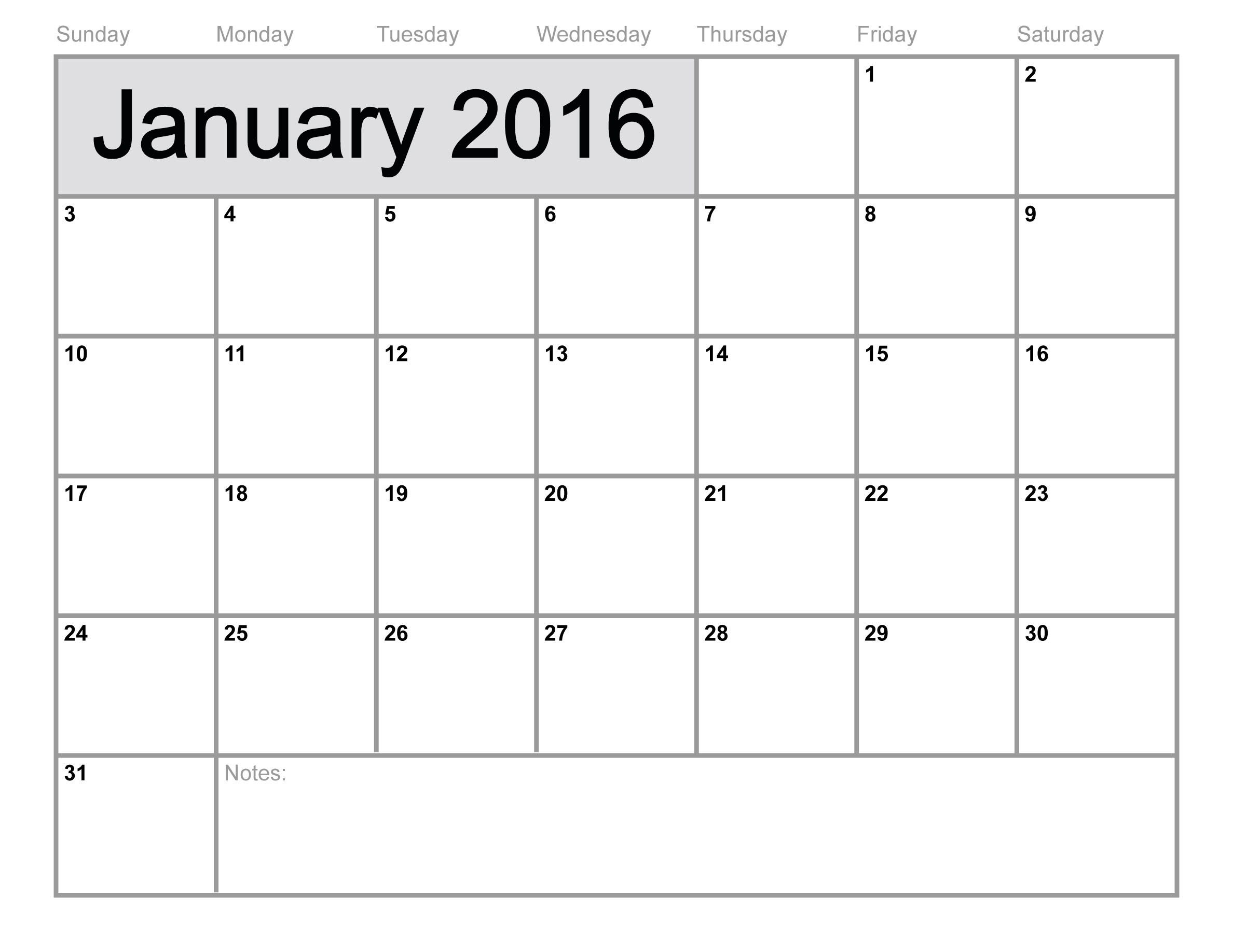 January 2016 Calendar Printable  Pdf   Word   Excel