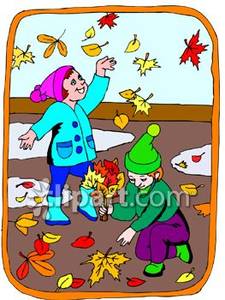 Kids Playing In Leaves And Snow In Winter   Royalty Free Clipart