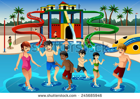 Vector Illustration Of Happy Kids Playing In A Waterpark   Stock