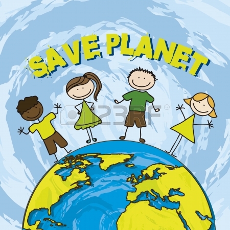 15135757 Save Planet With Children Over Blue Background Vector