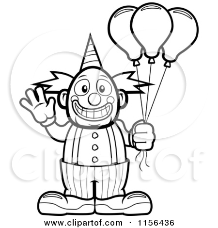 Black And White Friendly Waving Circus Clown Holding Balloons