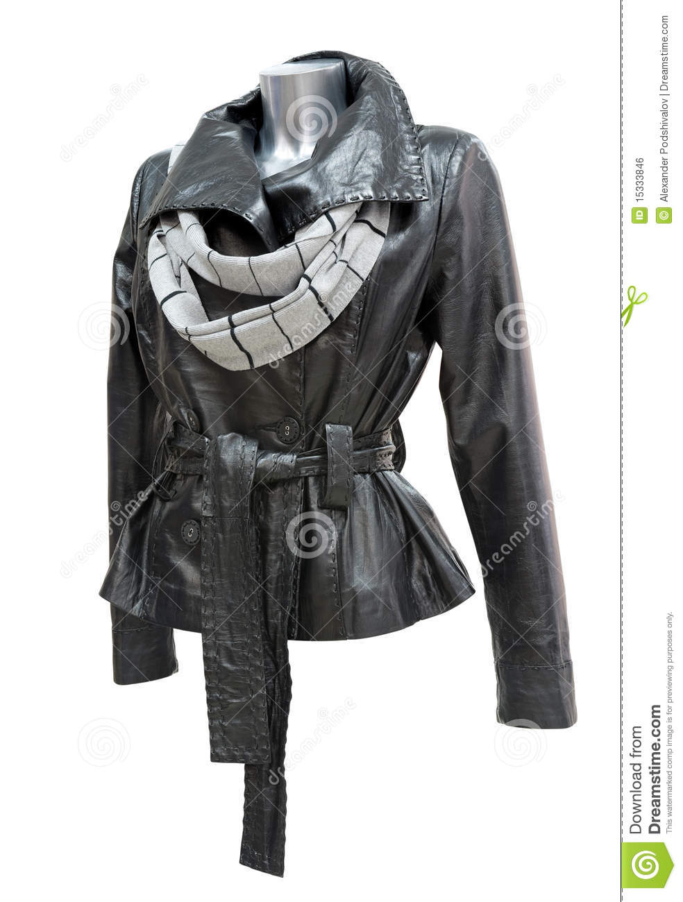 Black Leather Ladies Jacket With A Scarf Isolated Clipping Path