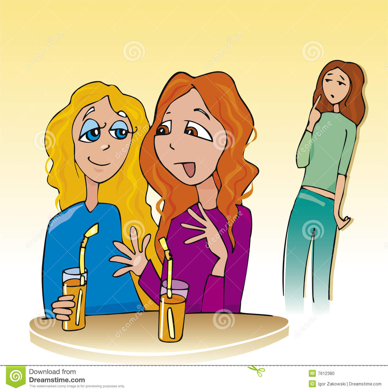Cartoon Illustration Of Two Girls Talking And Third Girl Listening To