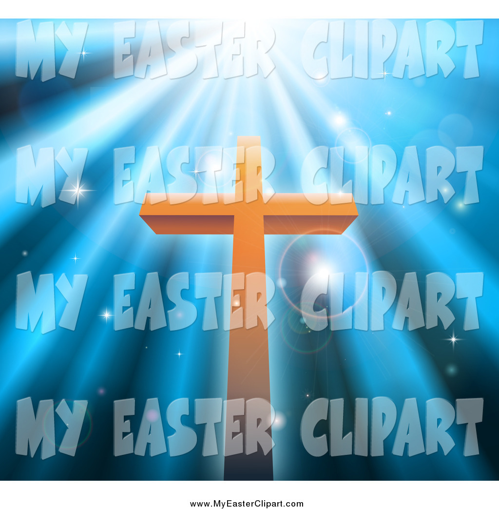 Clip Art Of A Christian Cross Against Blue Heavenly Rays And Sparkles    