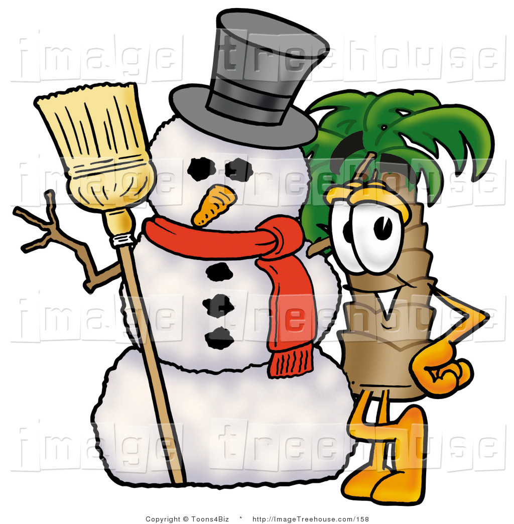 Clipart Of A Smiling Palm Tree Mascot Cartoon Character With A Snowman