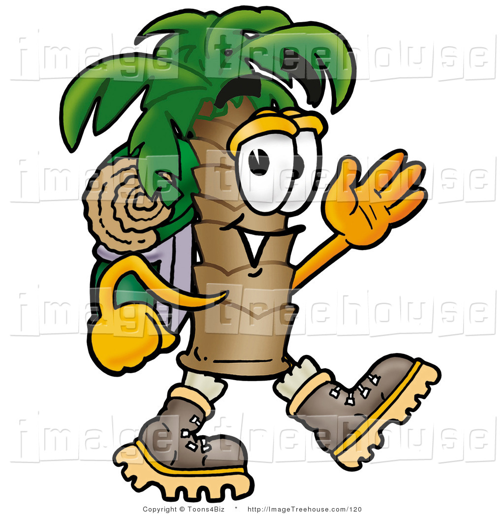 Clipart Of A Tropical Palm Tree Mascot Cartoon Character Hiking And    
