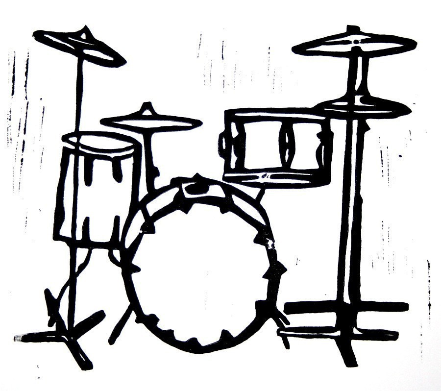 Drum Set Clip Art Black And White Drum Kit Linoleum Block Print