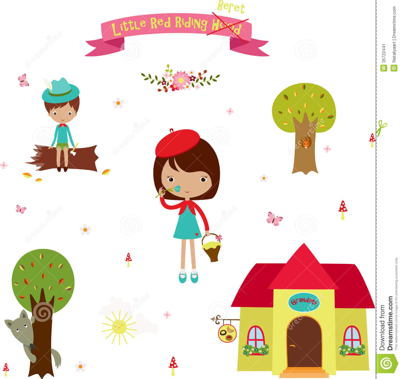     Tale Little Red Riding Hood  Cute Cartoon Elements Design Over White