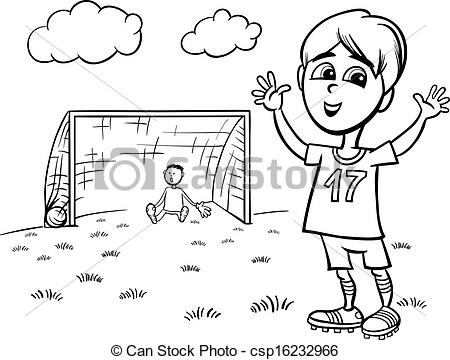 Clip Art Vector Of Boy Playing Soccer Coloring Page   Black And White
