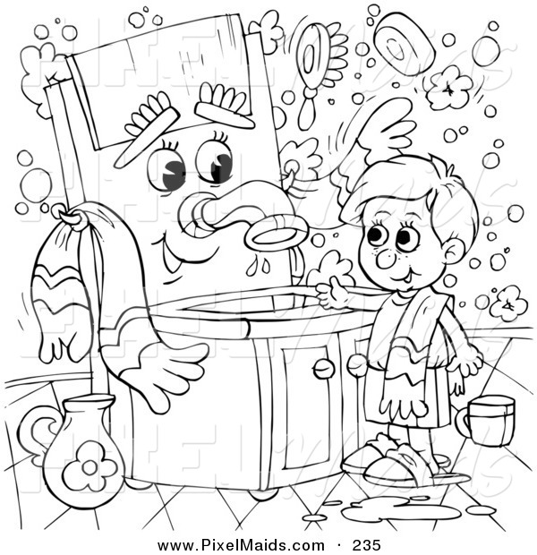 Clipart Of A Coloring Page Outline Design Of A Boy Talking To A Sink