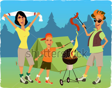 Famille Camping Barbecue Sur Une Grille Tente Sur Le Caricature De