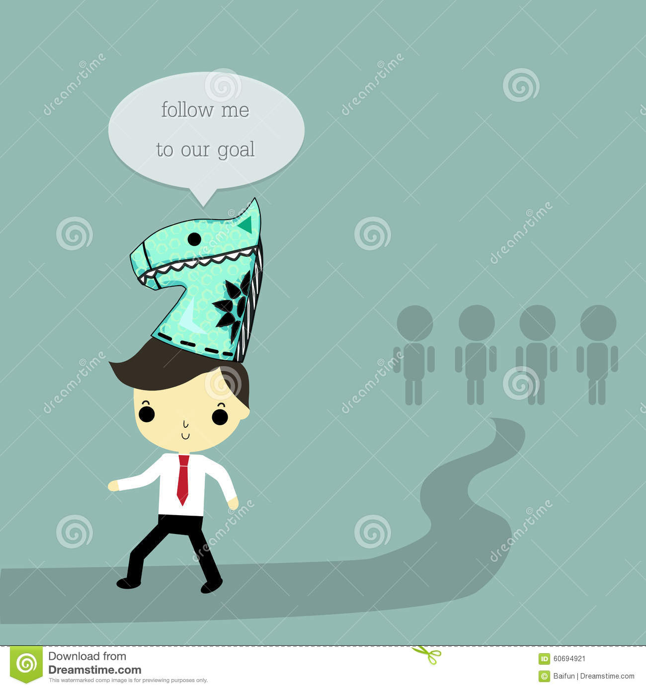     Follow Me To Our Goal Has Subordinate Behind Him On Blue Background
