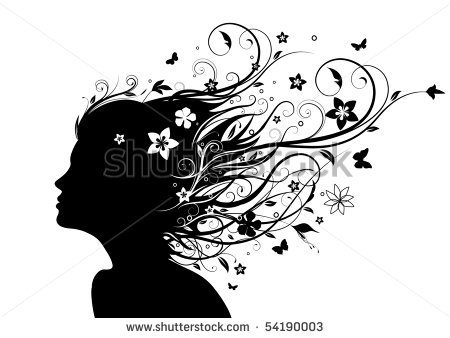 Girl Face Silhouette In Profile With Long Floral Hair   Stock Vector