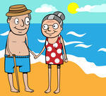     Old Couple On Summer Holiday By The Sea On Beach Happy Old Cartoon